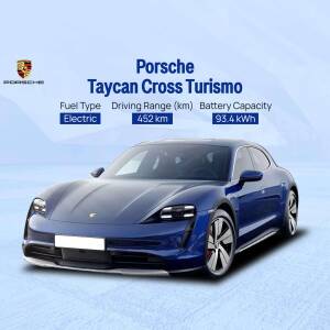 Blue Porsche Taycan Cross Turismo electric vehicle with key specifications