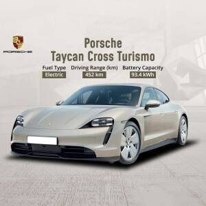 Side view of a beige Porsche Taycan Cross Turismo with key specifications displayed.