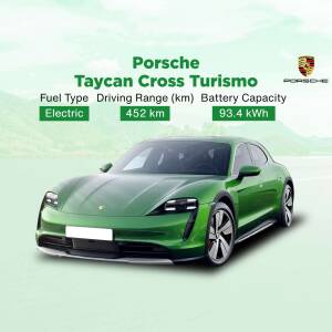 Green Porsche Taycan Cross Turismo electric car with key specifications displayed.