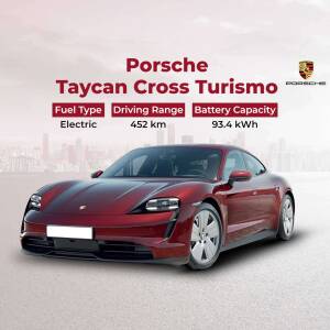 Red Porsche Taycan Cross Turismo electric vehicle with specifications