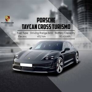 Black Porsche Taycan Cross Turismo electric car with specifications displayed