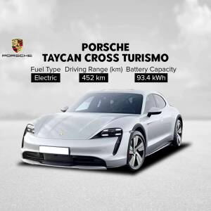 Silver Porsche Taycan Cross Turismo electric car with specifications