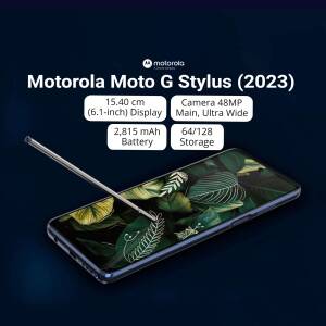 Motorola Moto G Stylus (2023) smartphone with stylus pen, displaying key specifications.