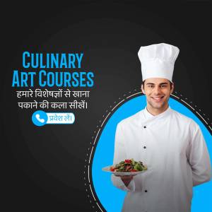 Chef presenting a dish with text promoting culinary art courses.