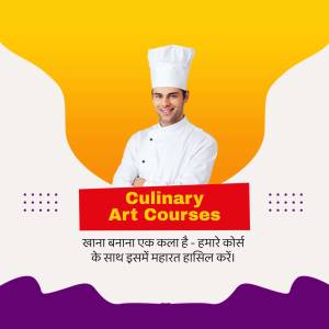 Chef promoting culinary art courses with text in English and Hindi.
