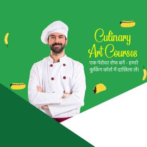 Chef promoting culinary art courses with text in English and Hindi.
