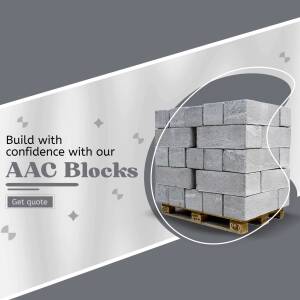 Stack of AAC blocks on a pallet with promotional text.