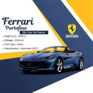 Blue Ferrari Portofino convertible with specifications