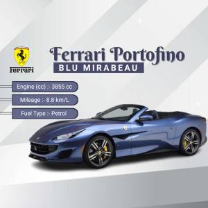 Blue Ferrari Portofino convertible car with specifications