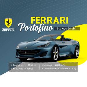 Blue Ferrari Portofino convertible car advertisement