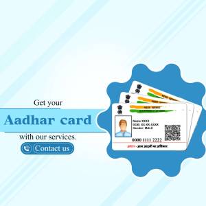 Image of Aadhaar card with text promoting services to obtain one.