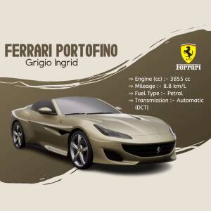 Side view of a gold-colored Ferrari Portofino with specifications listed.