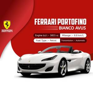 White Ferrari Portofino with vehicle specifications