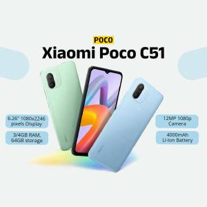 Xiaomi Poco C51 smartphone in green and blue colors with specifications