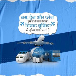 Advertisement for bus, train, and flight ticket booking with images of travel modes and a globe.