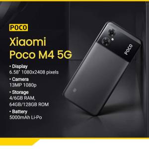 Black Poco M4 5G smartphone with key specifications displayed