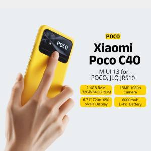 Close-up of a hand interacting with a yellow Xiaomi Poco C40 smartphone, showcasing its features.