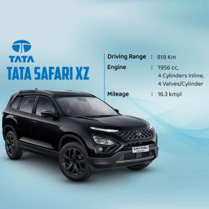 Black Tata Safari XZ SUV with performance details