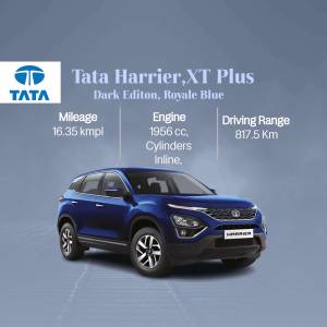 Blue Tata Harrier XT Plus Dark Edition SUV with specifications