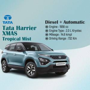 Side view of a grey Tata Harrier XMAS Tropical Mist with vehicle specifications.