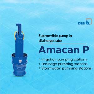 Blue KSB Amacan P submersible pump in a discharge tube with text overlay.