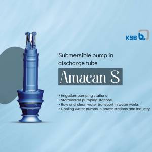 Blue Amacan S submersible pump in a discharge tube with text overlay.