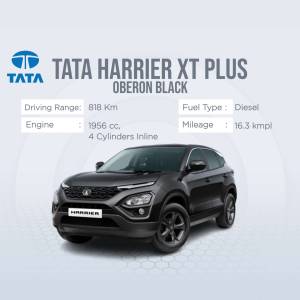 Black Tata Harrier XT Plus car with specifications