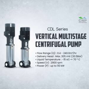 Two CDL Series Vertical Multistage Centrifugal Pumps against a light gray background with product specifications.