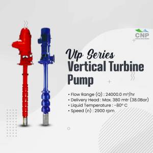 Red and silver vertical turbine pump with product specifications