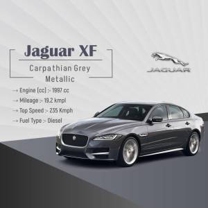 Side view of a grey Jaguar XF with specifications