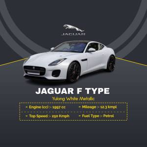 White Jaguar F-Type sports car with specifications