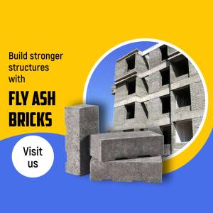 Fly ash bricks stacked with promotional text