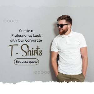 Man wearing a white polo t-shirt and khaki pants, promoting corporate t-shirts.