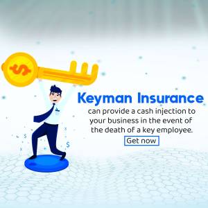 Illustration of a businessman holding a key with a dollar sign, representing Keyman Insurance.