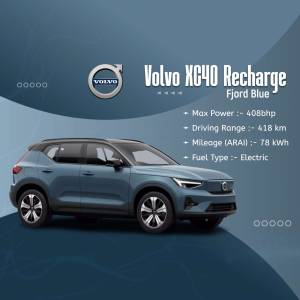 Side view of a blue Volvo XC40 Recharge electric car with specifications.