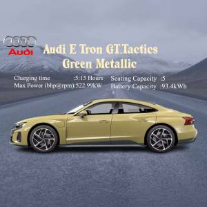 Audi E-Tron GT in Green Metallic color, side view with charging and capacity details