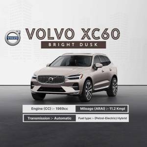 Side view of a light brown Volvo XC60 Bright Dusk with vehicle specifications.