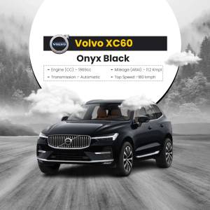 Black Volvo XC60 Onyx Black model shown in a dynamic promotional image.