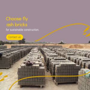 Rows of grey ash bricks stacked on pallets with a blurred landscape background and text promoting sustainable construction.