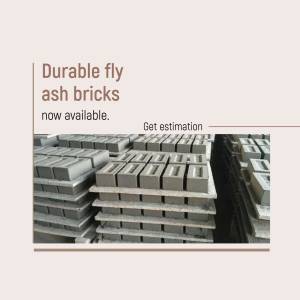 Stack of grey fly ash bricks with text overlay advertising availability and estimation.