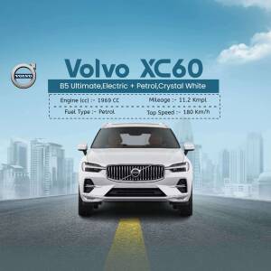 Front view of a white Volvo XC60 B5 Ultimate with vehicle specifications.
