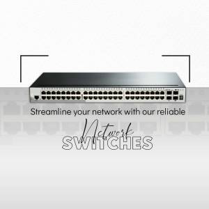 Illustration of a network switch with the text 'Streamline your network with our reliable Network Switches'