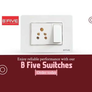 White B'Five switch and socket with red background