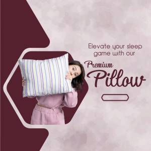 Woman holding a striped pillow with text 'Elevate your sleep game with our Premium Pillow'