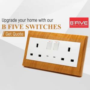 Wooden switchboard with white switches and B'FIVE logo