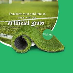 Roll of artificial grass with text promoting yard transformation