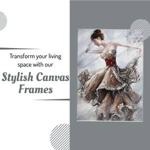 Painting of a woman in a flowing dress, promoting stylish canvas frames.