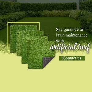 Image of artificial turf with text promoting low maintenance lawn solutions.