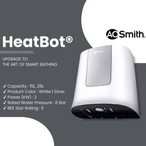 A.O. Smith HeatBot smart water heater with product specifications.
