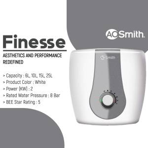 A.O. Smith Finesse water heater in white color with product specifications.